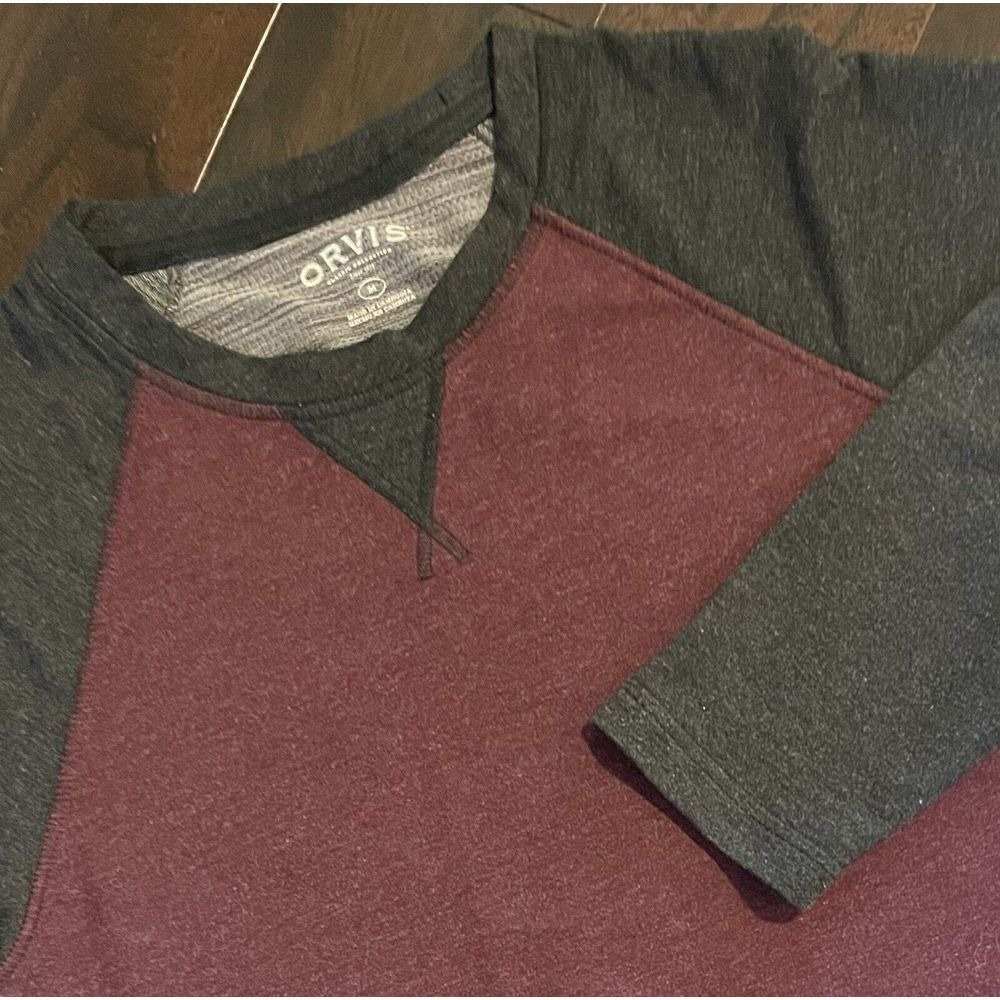 Orvis Raglan Shirt Mens Med Burgundy Charcoal Grey Long Sleeve V-Stitch Logo